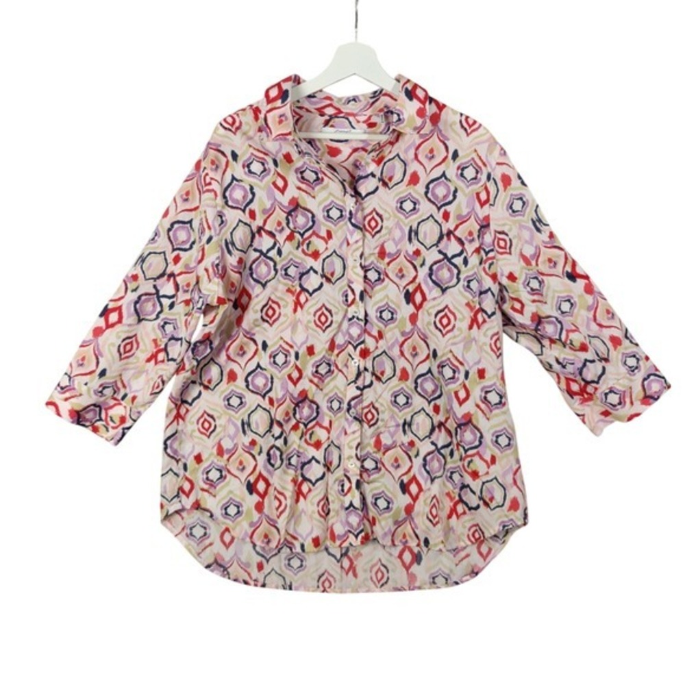 Foxcroft Non-Iron Button-Up Top 3/4 Sleeve Geometric Ikat Print Blouse Women 16